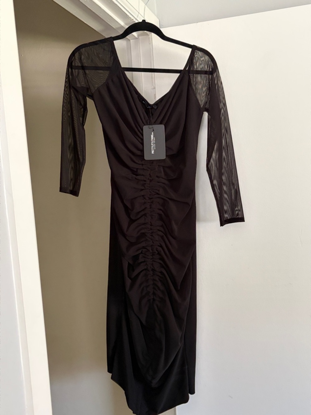 NWT Black Ruched Mesh-Sleeve Midi Dress by PrettyLittleThing size 14